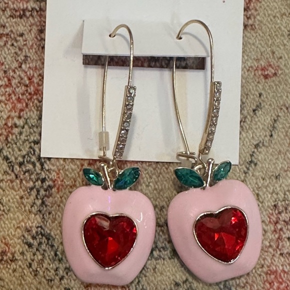 Betsy Johnson Faux Stone Pink Apple Dangle Earrings - Picture 4 of 5